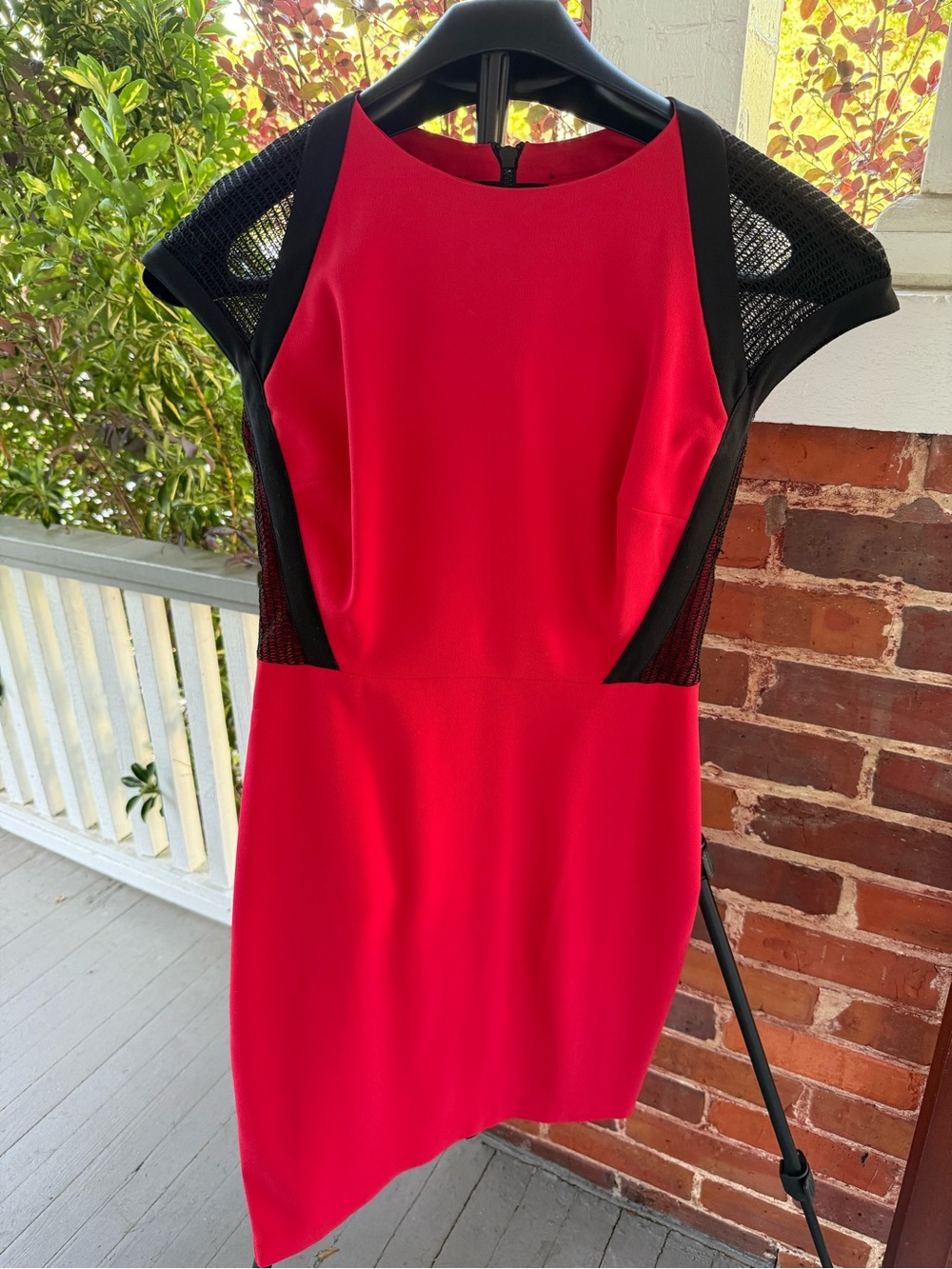 Cache Red Sheath Dress with Black Mesh Accents